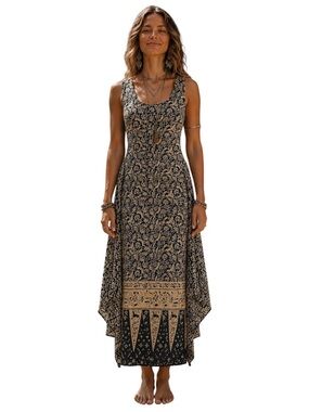 J. Peterman Navy & Beige Paisley Print, Maxi Pencil Dress, Cotton, Bohemian, S